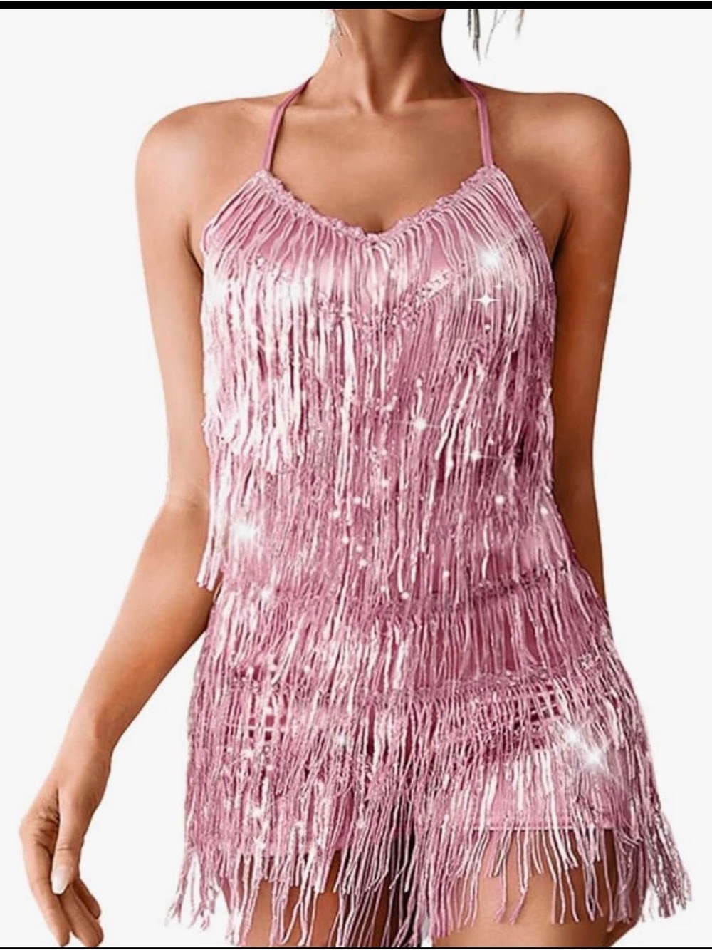 Kaei&Shi Pink Metallic Sequin Fringe Halter Romper Women’s Size M